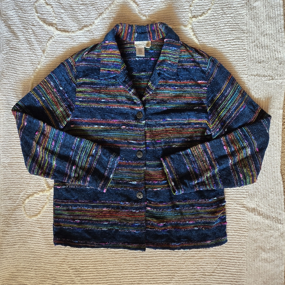 Vintage Coldwater Creek Jacket Blue Slub Knit Corduroy Multi Color Y2K Striped